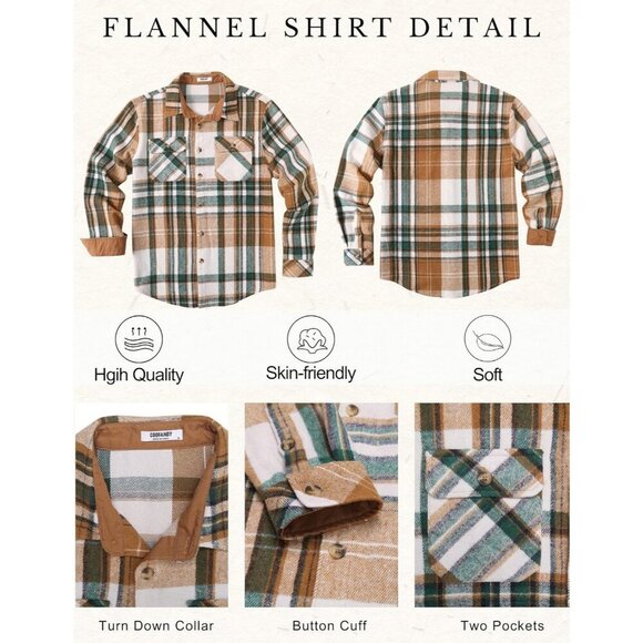 Coofandy Men Green Flannel Plaid Button Down Jacket Shirt with Pockets - Picture 5 of 5